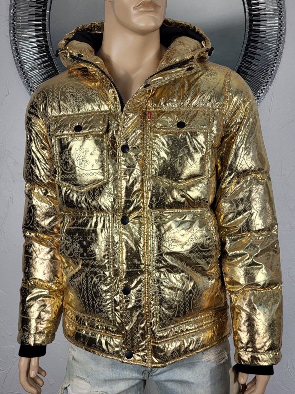 NWT~$225~LEVIS~SZ S~MENS GOLD METALLIC PUFFER BOMBER JACKET HOODED COAT POCKETS - Picture 7 of 16
